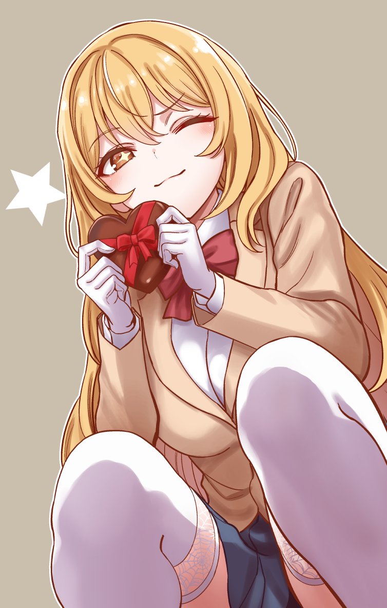 1girl, ;), blazer, blonde_hair, bow, bowtie, box, breasts
