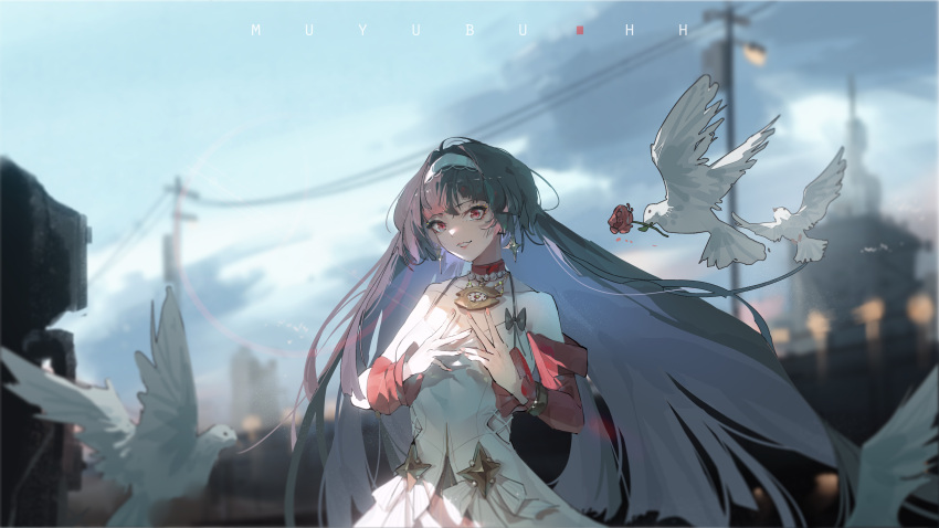 1girl, absurdres, astra_yao, bare_shoulders, bird, black_hair, blunt_sidelocks, detached_sleeves