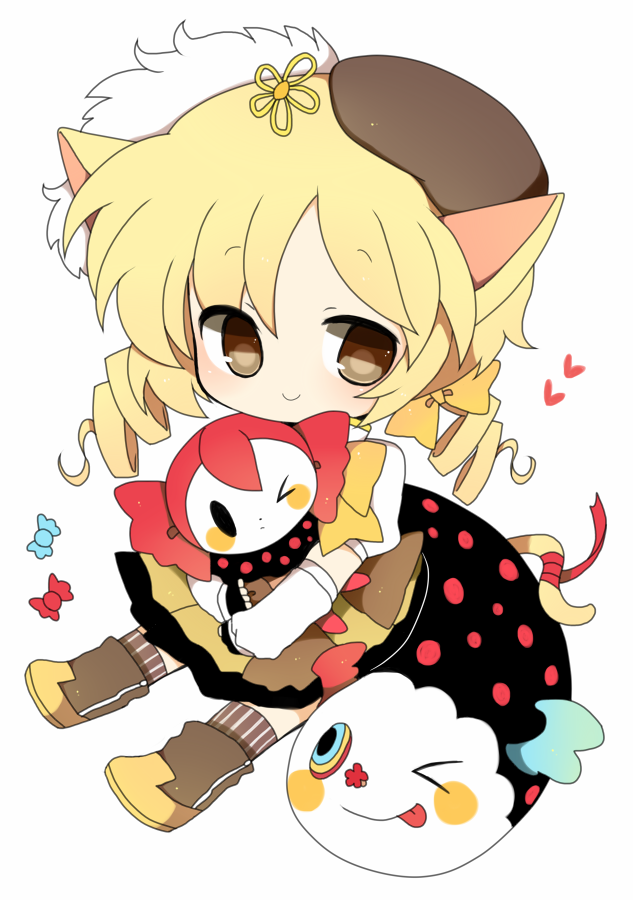 bad_id, beret, blonde_hair, boots, candy, cat_ears, cat_tail, charlotte_(madoka_magica)