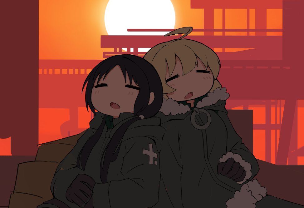 2girls, ahoge, black_background, black_gloves, blonde_hair, blush, chito_(shoujo_shuumatsu_ryokou), closed_mouth