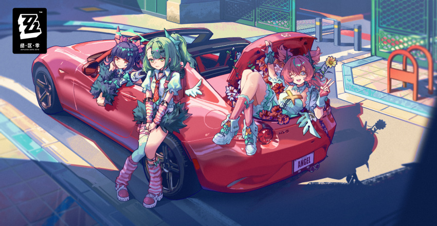 3girls, :d, angels_of_delusion, aqua_streaks, aria_(zenless_zone_zero), arm_warmers, bandaid, bandaid_hair_ornament