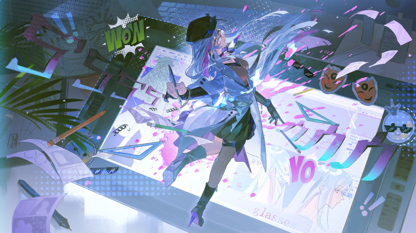 1girl, absurdres, black_hat, black_skirt, breasts, chinese_commentary, coat, commentary_request, glasses, hat, high_heels, highres, holding, holding_pen, honkai:_star_rail, honkai_(series), long_hair, m_iumiu1224, mask, medium_breasts, multicolored_hair, nib_pen_(object), nihilux_(honkai:_star_rail), paint_splatter, pen, pink_hair, skirt, solo, two-tone_hair, very_long_hair, white_coat, white_hair