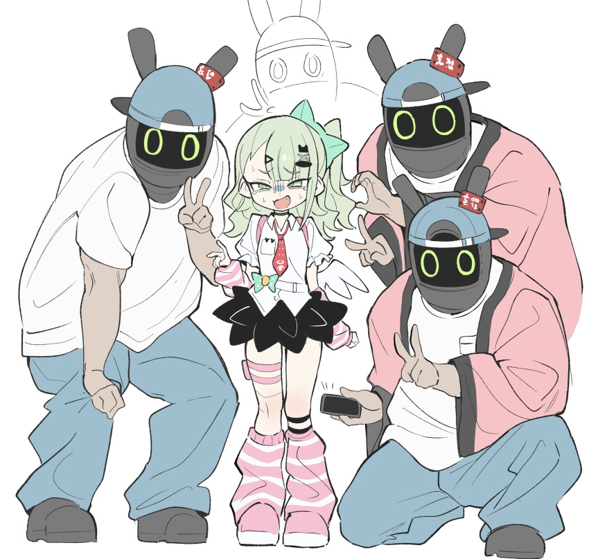 1girl, 4boys, arm_warmers, biggest_fan_(zenless_zone_zero), black_skirt, blue_pants, fang, full_body
