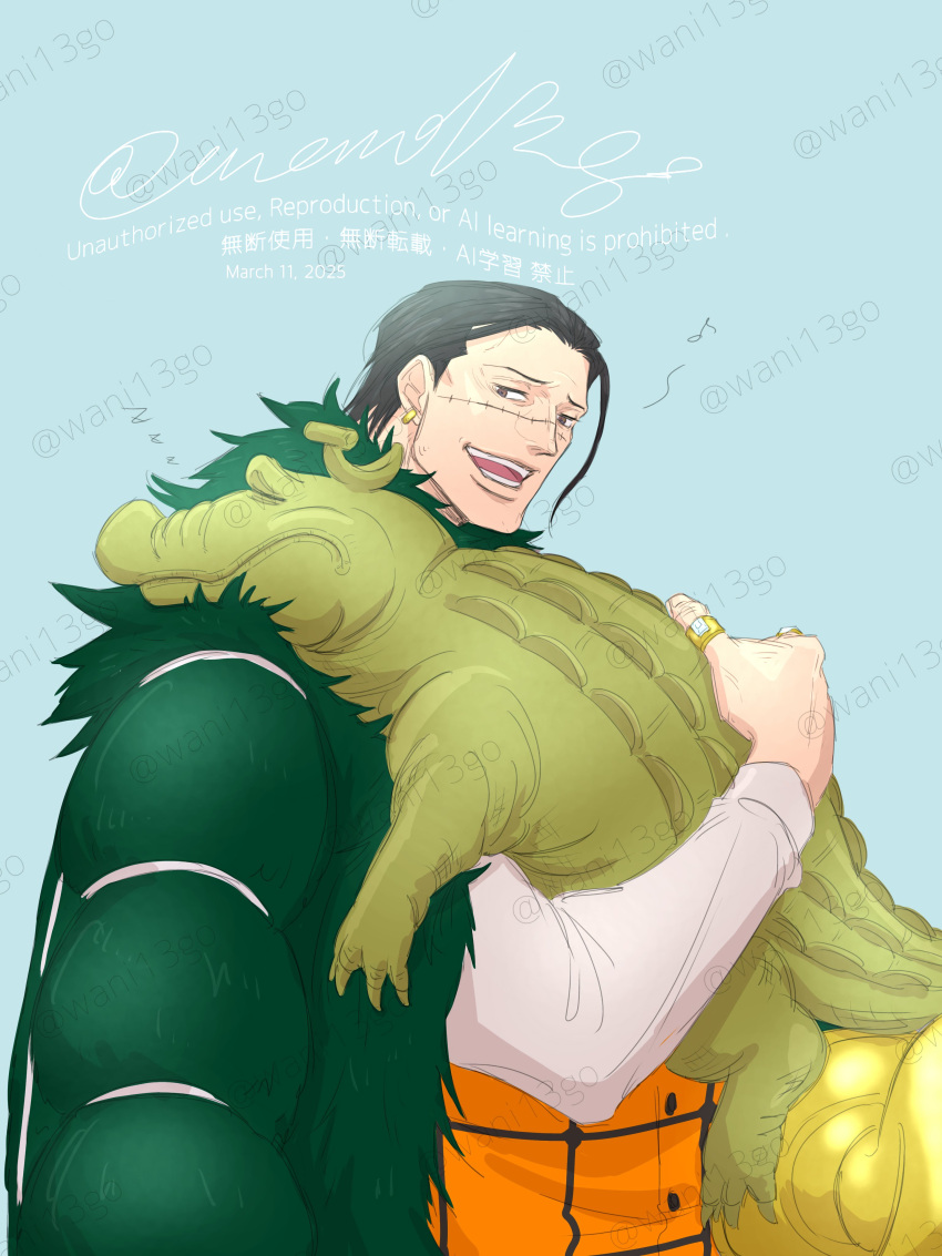 1boy, absurdres, animal, bananawani_(one_piece), black_hair, blue_background, coat, coat_on_shoulders
