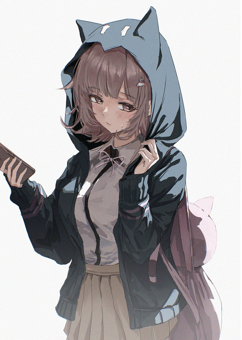 1girl, absurdres, aim6120, animal_ears, blush, breasts, brown_hair, brown_skirt