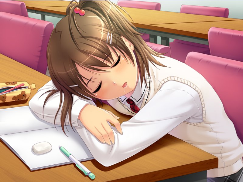 1girl, bishoujo_(game), blush, brown_hair, closed_eyes, drooling, game_cg, hair_bobbles