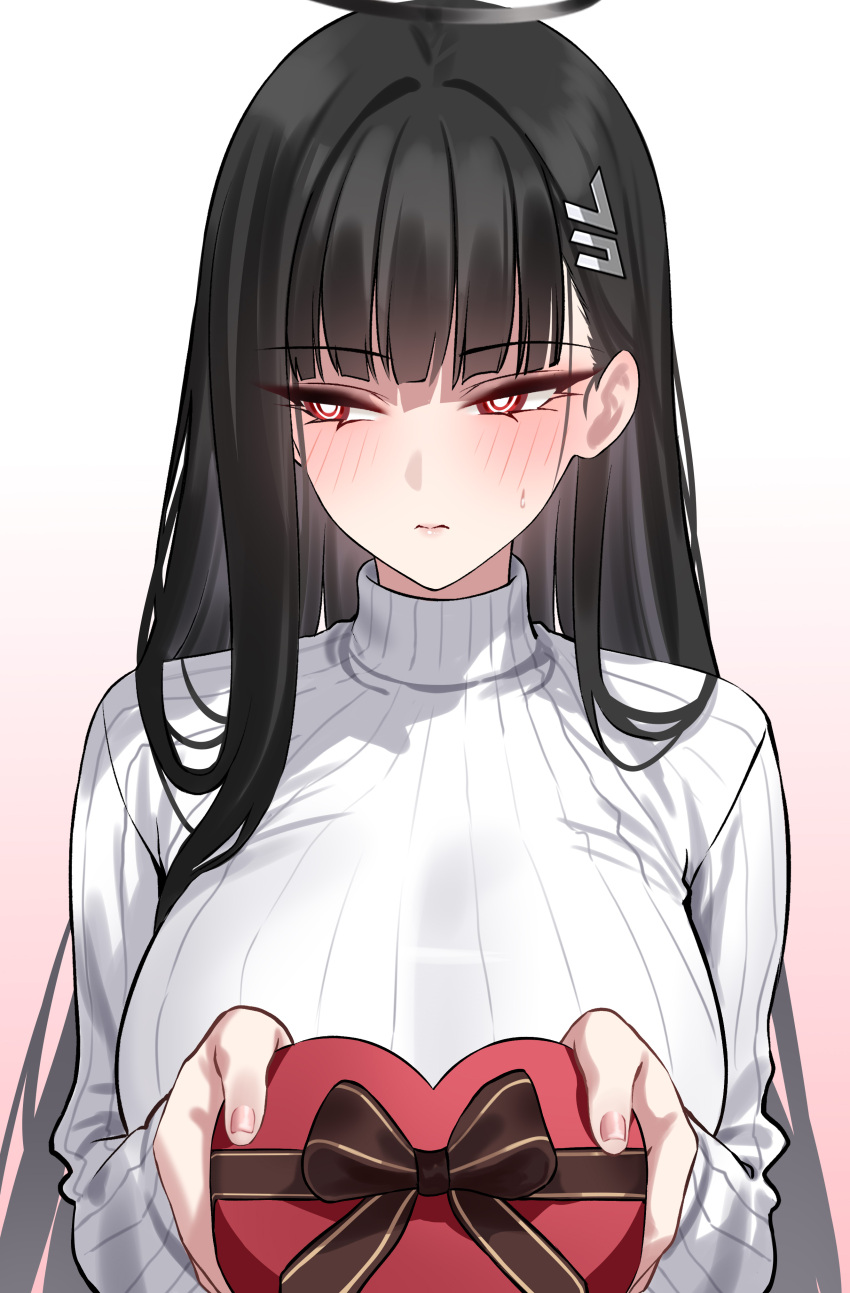 1girl, absurdres, black_hair, blue_archive, blush, box, breasts, bright_pupils