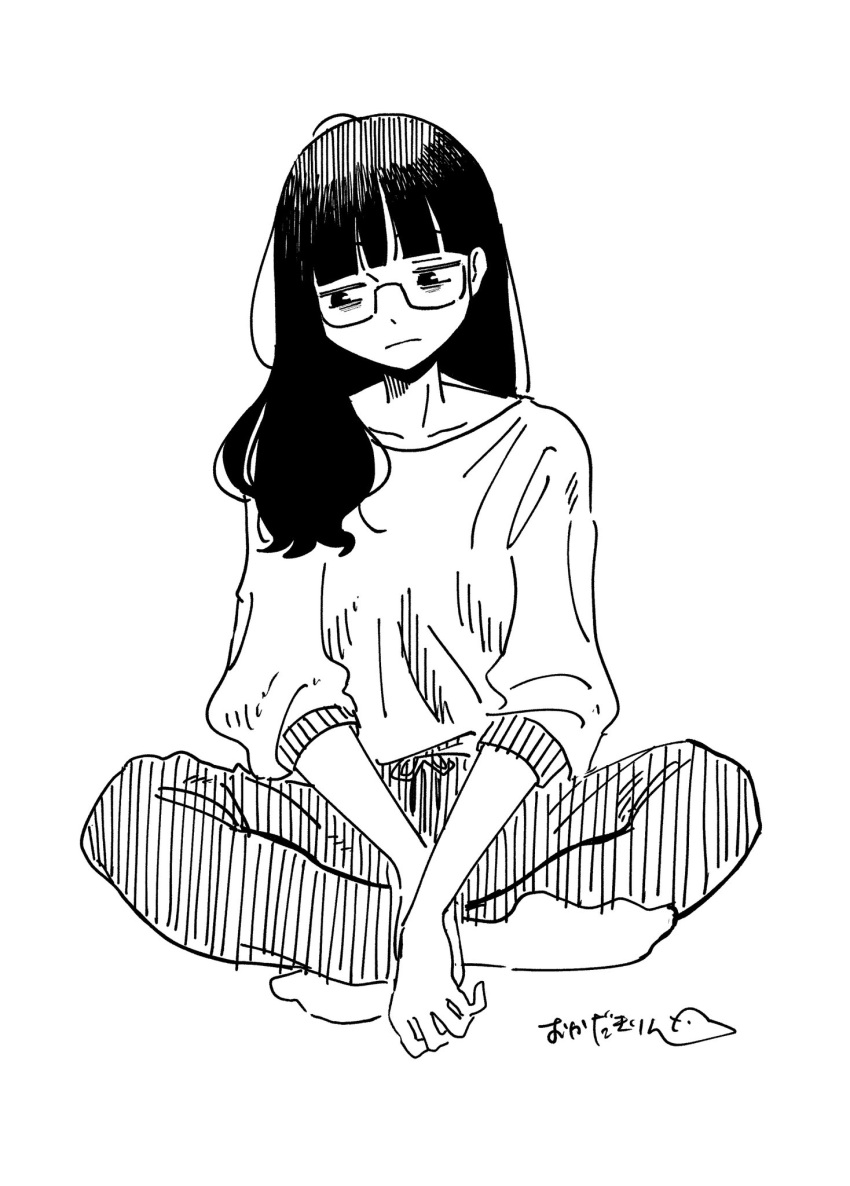 1girl, artist_name, blunt_bangs, closed_mouth, glasses, greyscale, highres, kirin_no_obake