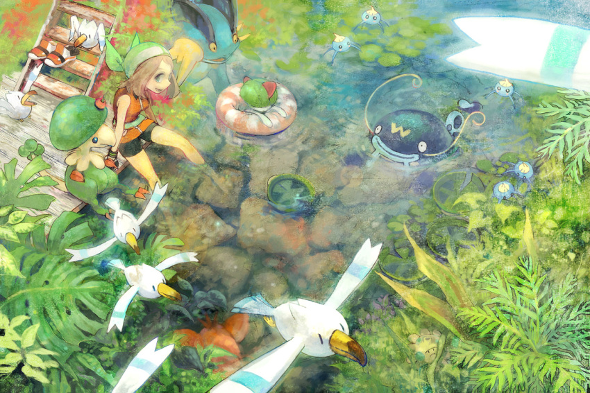1girl, bad_id, bandana, bandanna, barefoot, bike_shorts, blue_eyes, breloom, brown_hair, corphish, creature, feet_in_water, grass, green_eyes, haruka_(pokemon), innertube, lily_pad, lotad, nature, odamaki_sapphire, plant, pokemon, pokemon_(creature), pokemon_(game), pokemon_emerald, pokemon_rse, pond, ralts, shoes, shroomish, sitting, smile, soaking_feet, surskit, swampert, todot, twintails, water, whiscash, wingull