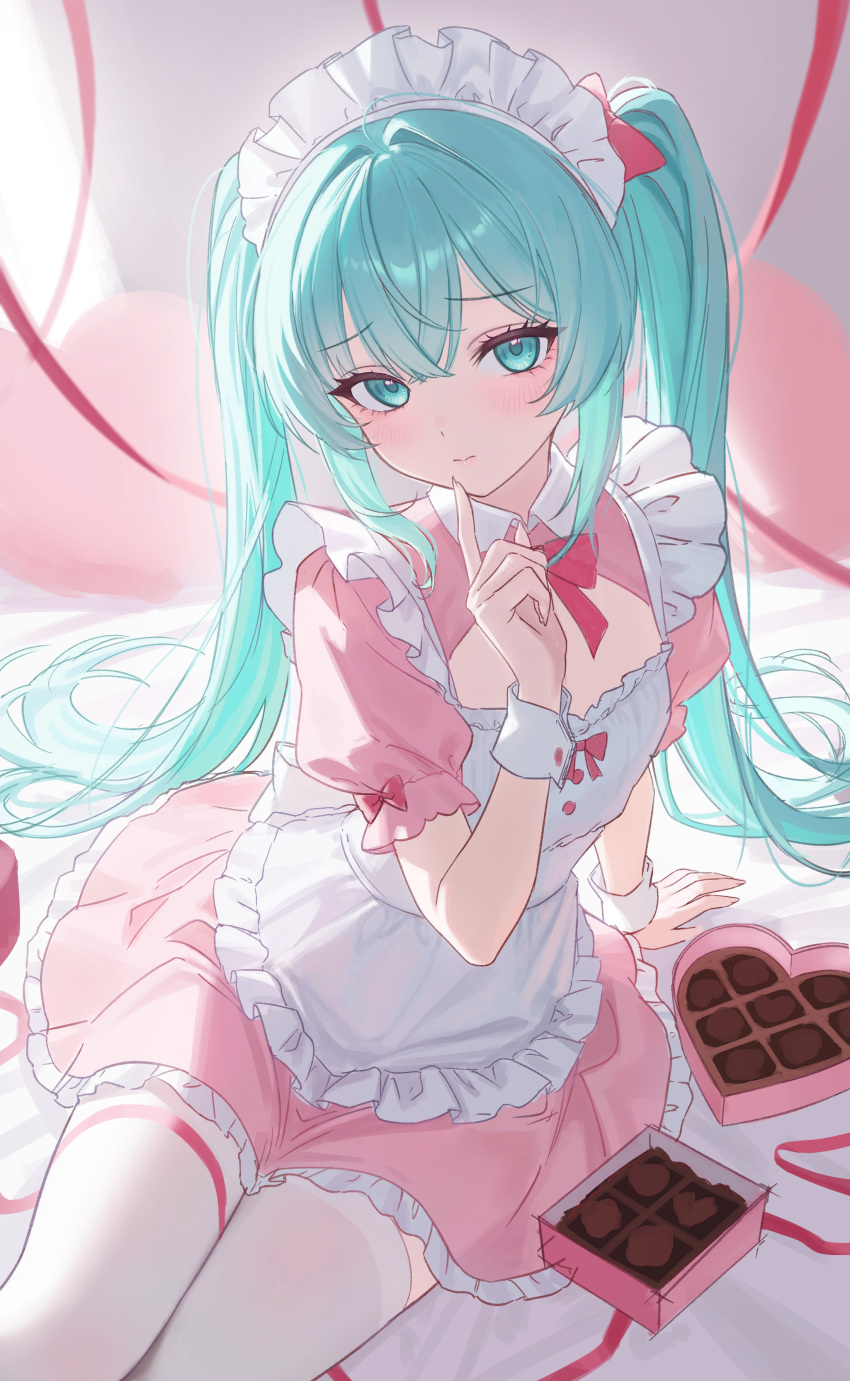 1girl, absurdres, apron, aqua_eyes, aqua_hair, box, box_of_chocolates, breasts, chocolate, dress, enmaided, hashtag-only_commentary, hatsune_miku, heart-shaped_box, highres, indoors, long_hair, looking_at_viewer, maid, maid_apron, maid_headdress, mumu_muw, pink_dress, sitting, small_breasts, solo, thigh-highs, twintails, very_long_hair, vocaloid, white_thighhighs