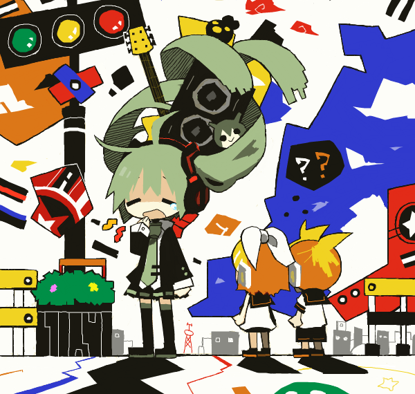 green_hair, hatsune_miku, kagamine_len, kagamine_rin, stoplight, thighhighs, traffic_light, vocaloid