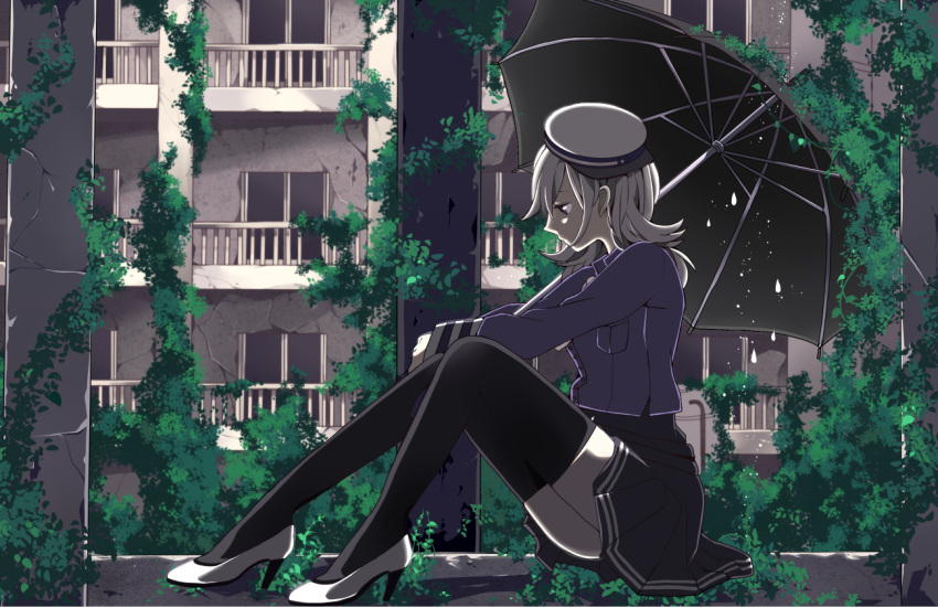 black_legwear, blue_eyes, hat, high_heels, jack_amano, komine, overgrown, shoes, sitting, solo, thigh-highs, thighhighs, umbrella, vocaloid, white_hair, zettai_ryouiki