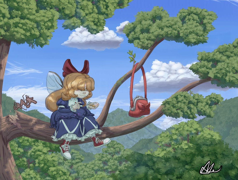 1girl, bag, blonde_hair, blue_dress, borrowed_character, bow, closed_eyes, coin