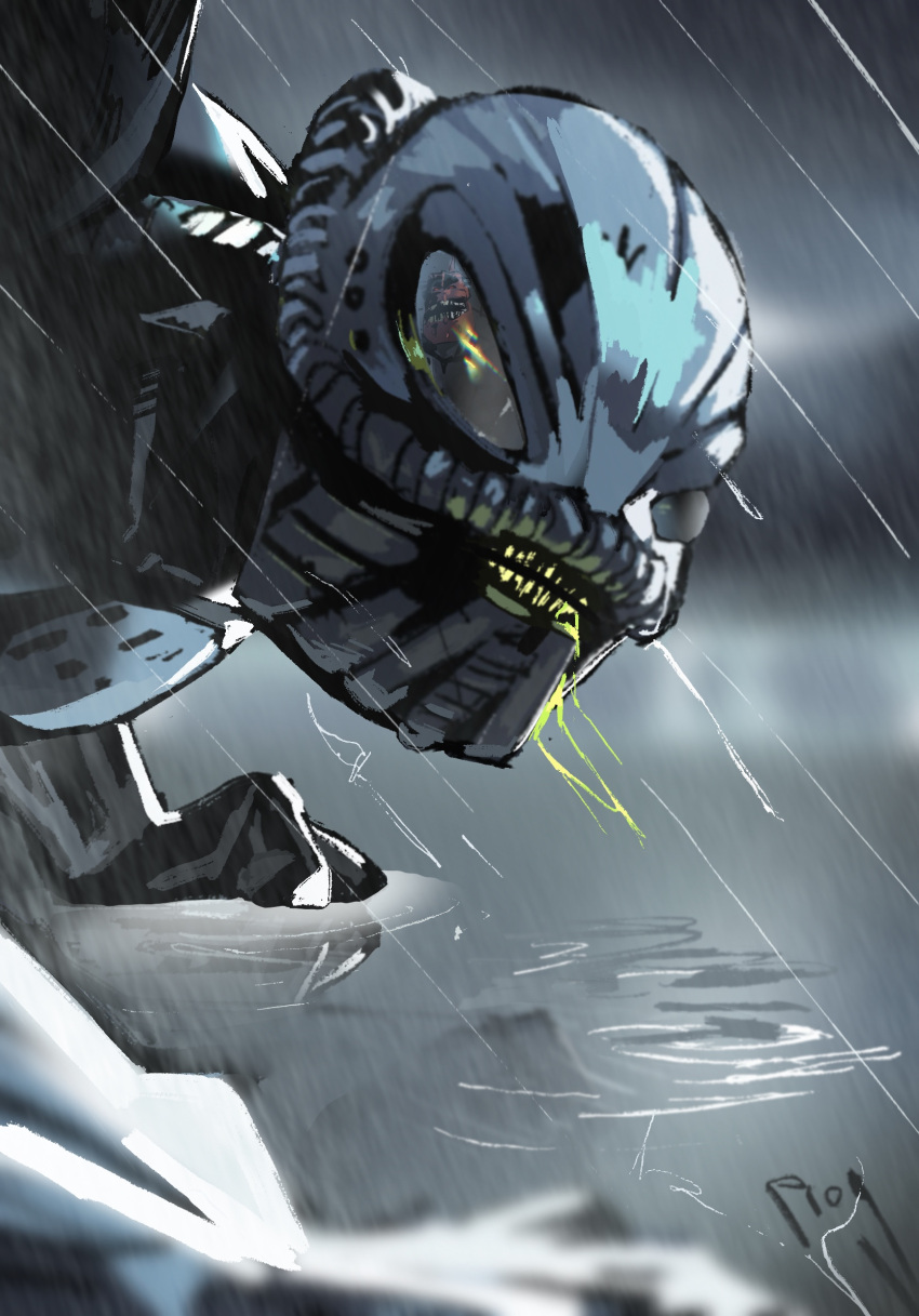 artist_name, bionicle, clenched_teeth, commentary, hahli_(bionicle), hakann_(bionicle), highres, humanoid_robot, looking_at_viewer, on_ground, open_mouth, portrait, prog_ares, rain, reflection, robot, teeth, the_lego_group, water