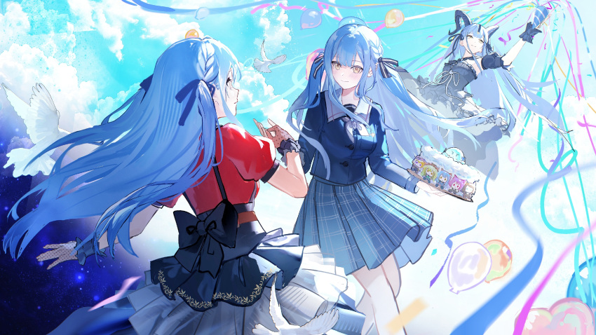 100spring, 1girl, 3girls, arknights, art_relay, artist_collaboration, bad_link, bird, black_bow, black_ribbon, blue_hair, blue_shirt, blue_skirt, bow, cake, character-themed_food, chinese_commentary, clouds, commentary_request, curled_horns, day, demon_horns, dress, food, h2t0riiii_030, hair_ribbon, haruy4y01, highres, holding, holding_cake, holding_food, holding_party_popper, horns, kingstal, ling_yuan, long_hair, looking_at_another, making-of_available, misumi_uika, multi-source_commentary, multiple_girls, multiple_persona, oblivionis_(bang_dream!), outdoors, party_popper, pigeon, plaid_clothes, plaid_skirt, qundaicai_1, ribbon, sailor_collar, sakura_amano, school_uniform, shengyezi_heshui, shirt, shixingyuan, shuichengchun, shuiyelanliu, skirt, spoon, togawa_sakiko, togawa_sakiko_(master_of_melodia), tsukinomori_school_uniform, very_long_hair, wakaba_mutsumi, wu_yiwu_huxi, wuyedijin, yahata_umiri, yellow_eyes, yuutenji_nyamu