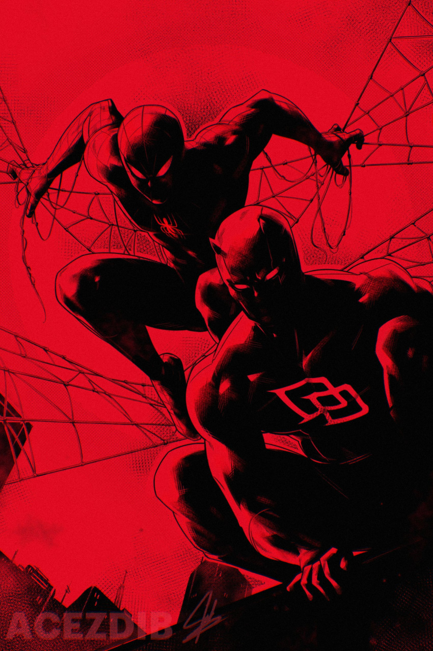 2boys, absurdres, acezdib, animal_print, bodysuit, character_logo, daredevil, daredevil_(series), highres, horned_mask, male_focus, marvel, mask, multiple_boys, print_bodysuit, red_bodysuit, silk, spider-man, spider-man_(series), spider_print, spider_web, spider_web_print, superhero_costume, web_shooter