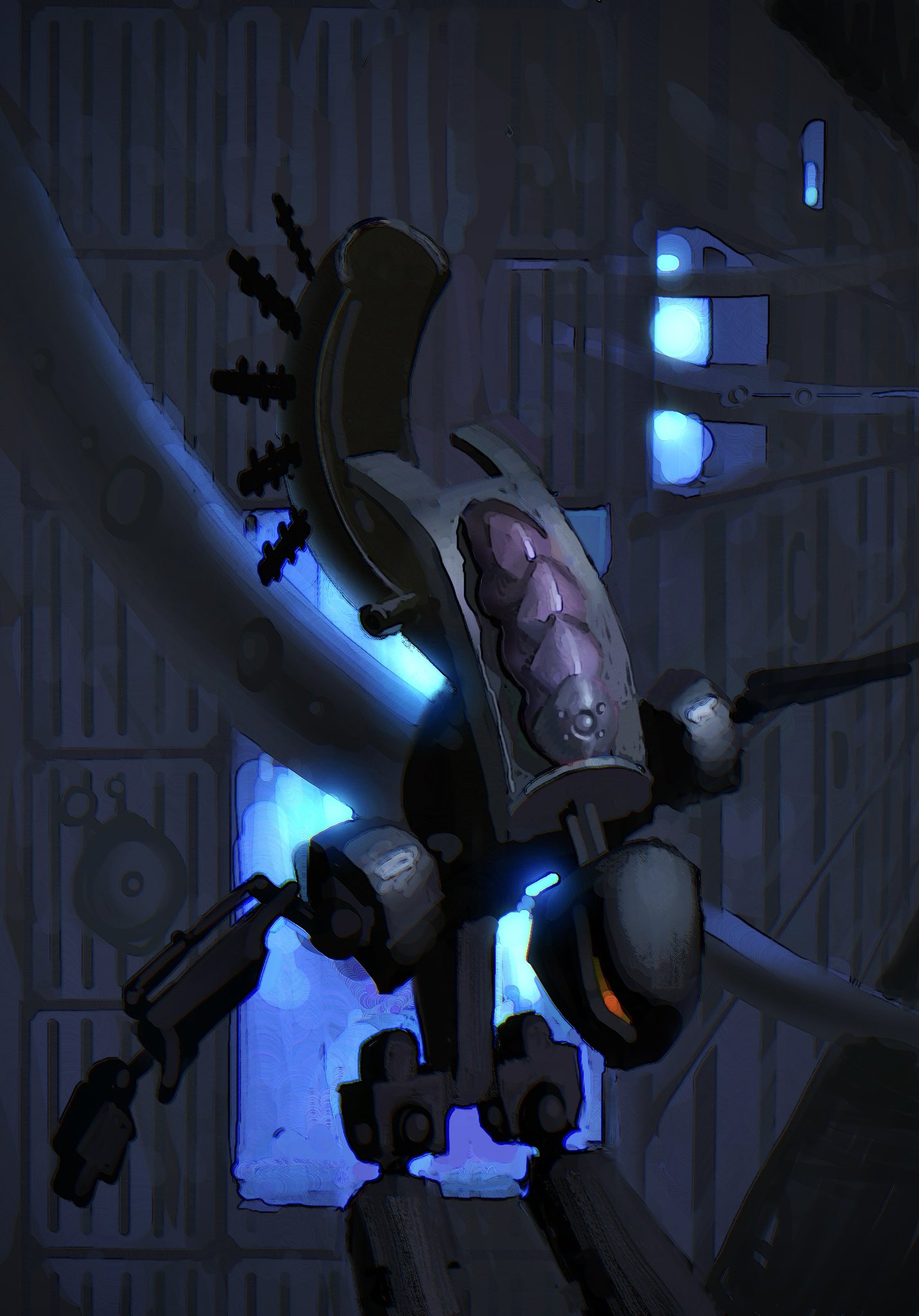 backlighting, bionicle, blue_eyes, glowing, highres, kraata_(bionicle), looking_down, rahkshi_(bionicle)