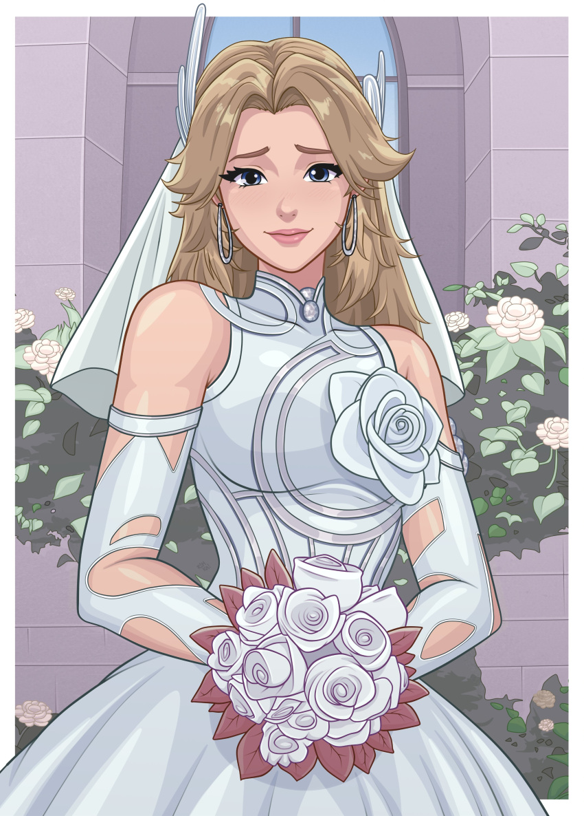 1girl, absurdres, bare_shoulders, blonde_hair, blue_eyes, bouquet, breasts, bridal_veil