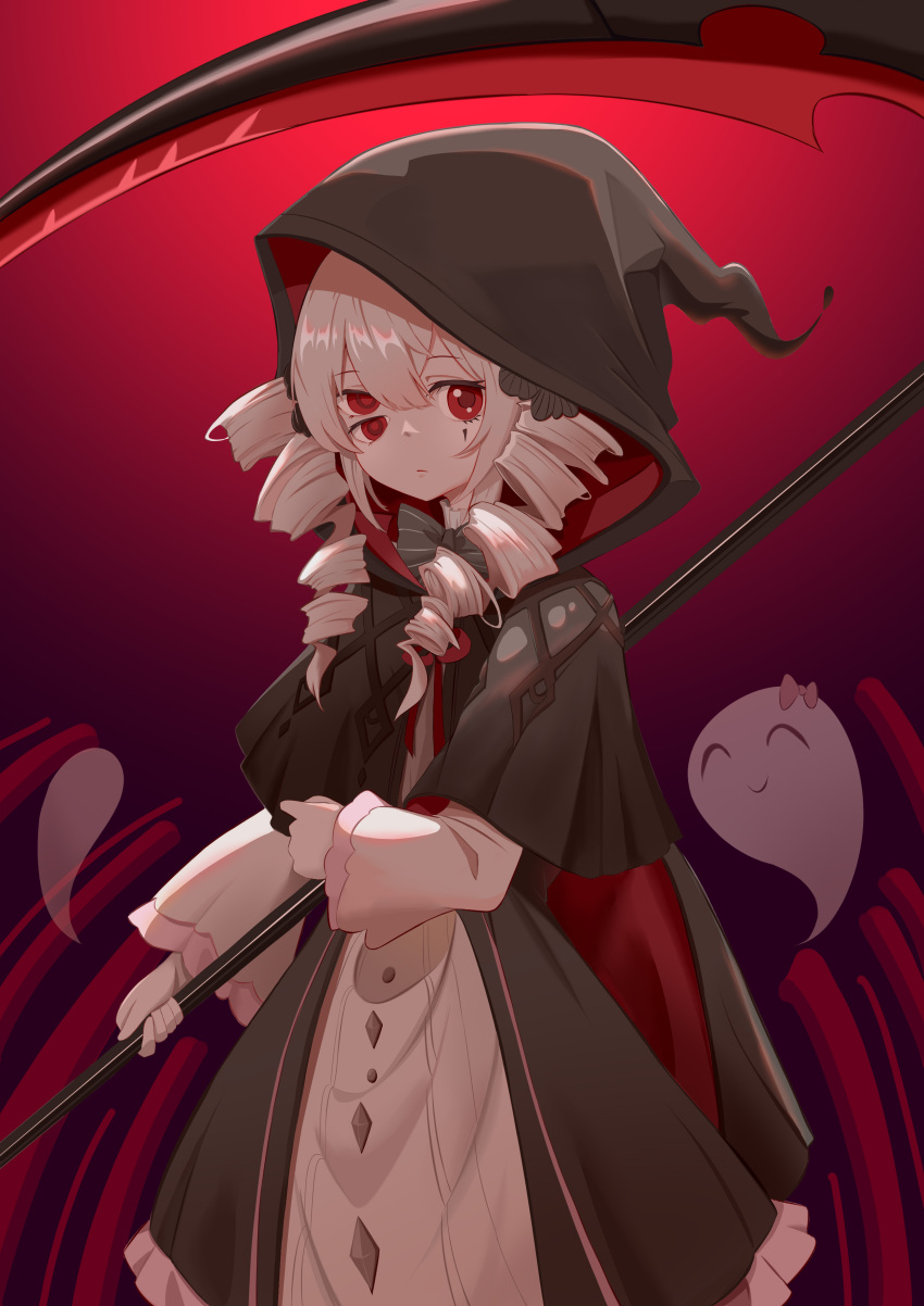 1girl, absurdres, bow, cape, closed_mouth, dress, drill_hair, extra_eyes