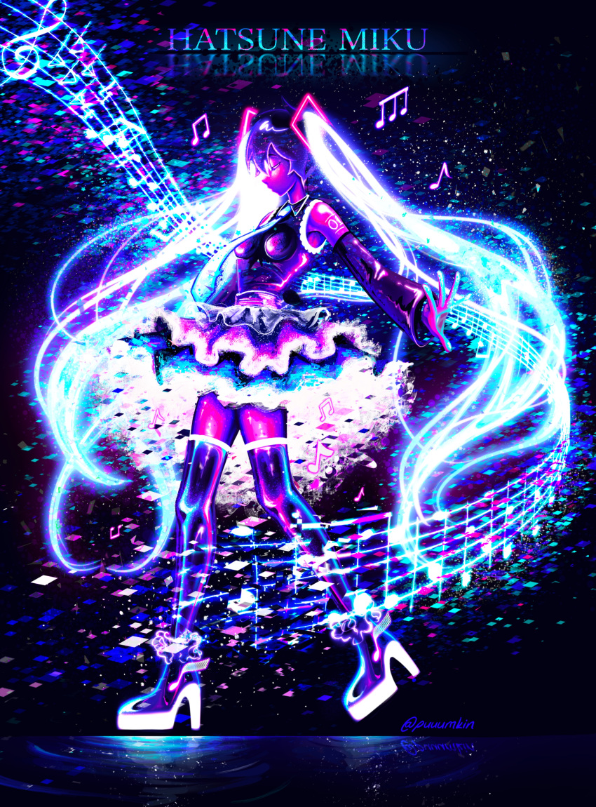 1girl, absurdres, arm_tattoo, black_background, boots, character_name, closed_eyes, closed_mouth