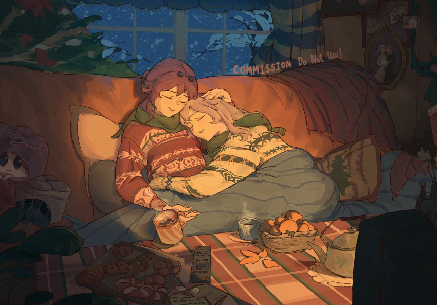 2girls, basket, cake_cat_(honkai:_star_rail), christmas, christmas_tree, coffee_mug, commission, couch