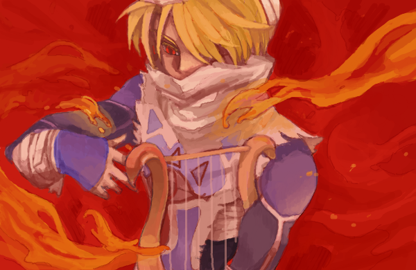 bandages, blonde_hair, drawr, fire, harp, instrument, mask, mochio_(ibuki)