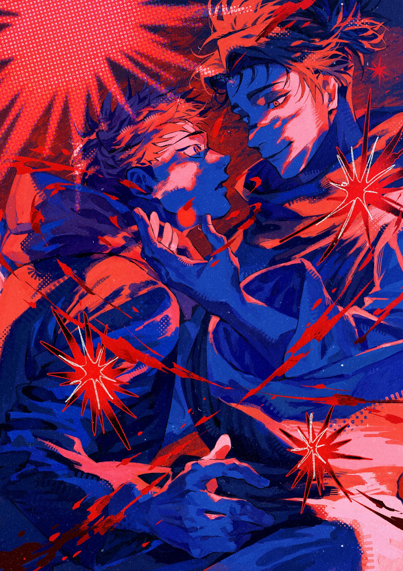 2boys, black_flash_(jujutsu_kaisen), choso_(jujutsu_kaisen), commentary_request, explosion, highres, hood, hoodie