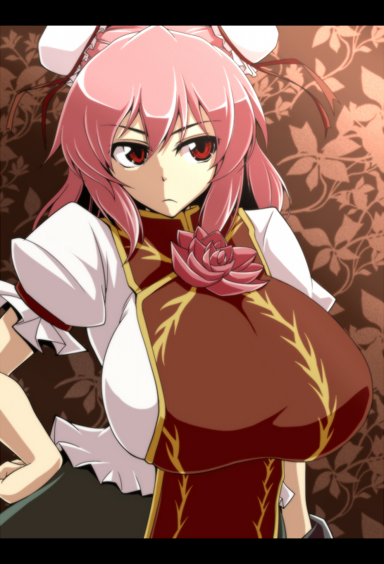 breasts, bun_cover, chinese_clothes, double_bun, flower, hand_on_hip, huge_breasts, ibara_kasen, ibaraki_kasen, impossible_clothes, impossible_clothing, impossible_shirt, letterboxed, pink_hair, red_eyes, regls, rose, shirt, short_hair, solo, touhou