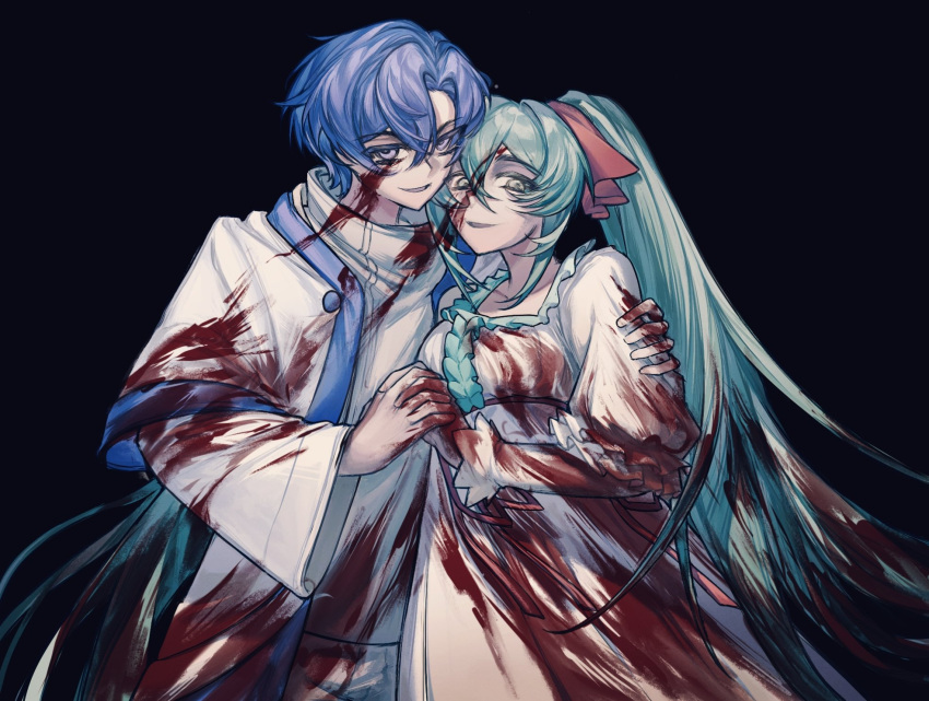 1boy, 1girl, adam_moonlit, aqua_hair, black_background, blood, blood_in_hair, blood_on_clothes, blood_on_face, blood_on_hands, blue_trim, brother_and_sister, capelet, colored_eyelashes, dress, eve_moonlit, evillious_nendaiki, grey_eyes, grin, hair_ribbon, hatsune_miku, hetero, highres, holding_hands, horror_(theme), husband_and_wife, incest, jacket, kaito, kaito_(vocaloid), long_hair, looking_at_viewer, ma_keikaku_(vocaloid), mui4ioqaak9436, open_mouth, pink_ribbon, ribbon, shirt, siblings, smile, twins, twintails, vocaloid, white_capelet, white_dress, white_jacket, white_shirt