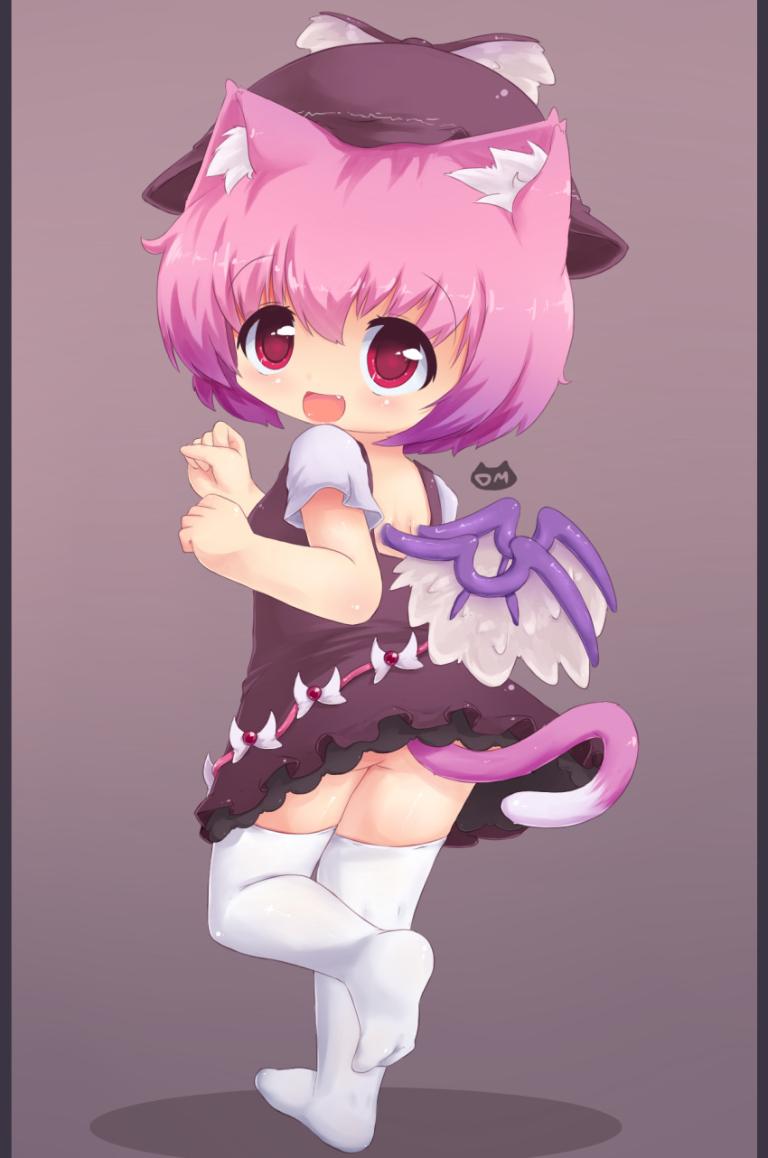 :d, animal_ears, bad_id, cat_ears, cat_tail, chibi, child, dragonz, fang, hat, highres, kemonomimi_mode, looking_back, mystia_lorelei, no_nose, no_panties, no_shoes, open_mouth, pink_eyes, pink_hair, running, short_hair, short_sleeves, simple_background, smile, solo, standing_on_one_leg, tail, thighhighs, touhou, white_legwear, wings