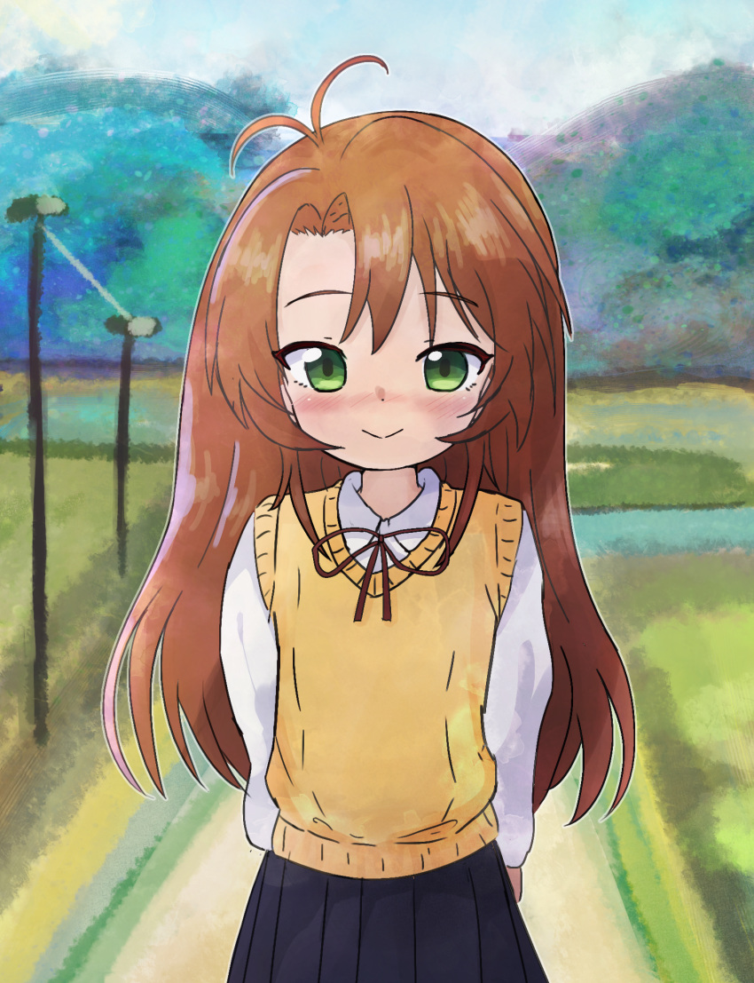 1girl, antenna_hair, arms_behind_back, black_skirt, blush, brown_hair, closed_mouth, commentary, english_commentary, flat_chest, green_eyes, highres, koshigaya_komari, long_hair, long_sleeves, looking_at_viewer, miniskirt, neck_ribbon, non_non_biyori, outdoors, pepzi, pleated_skirt, red_ribbon, ribbon, school_uniform, shirt, skirt, smile, solo, sweater_vest, white_shirt, yellow_sweater_vest