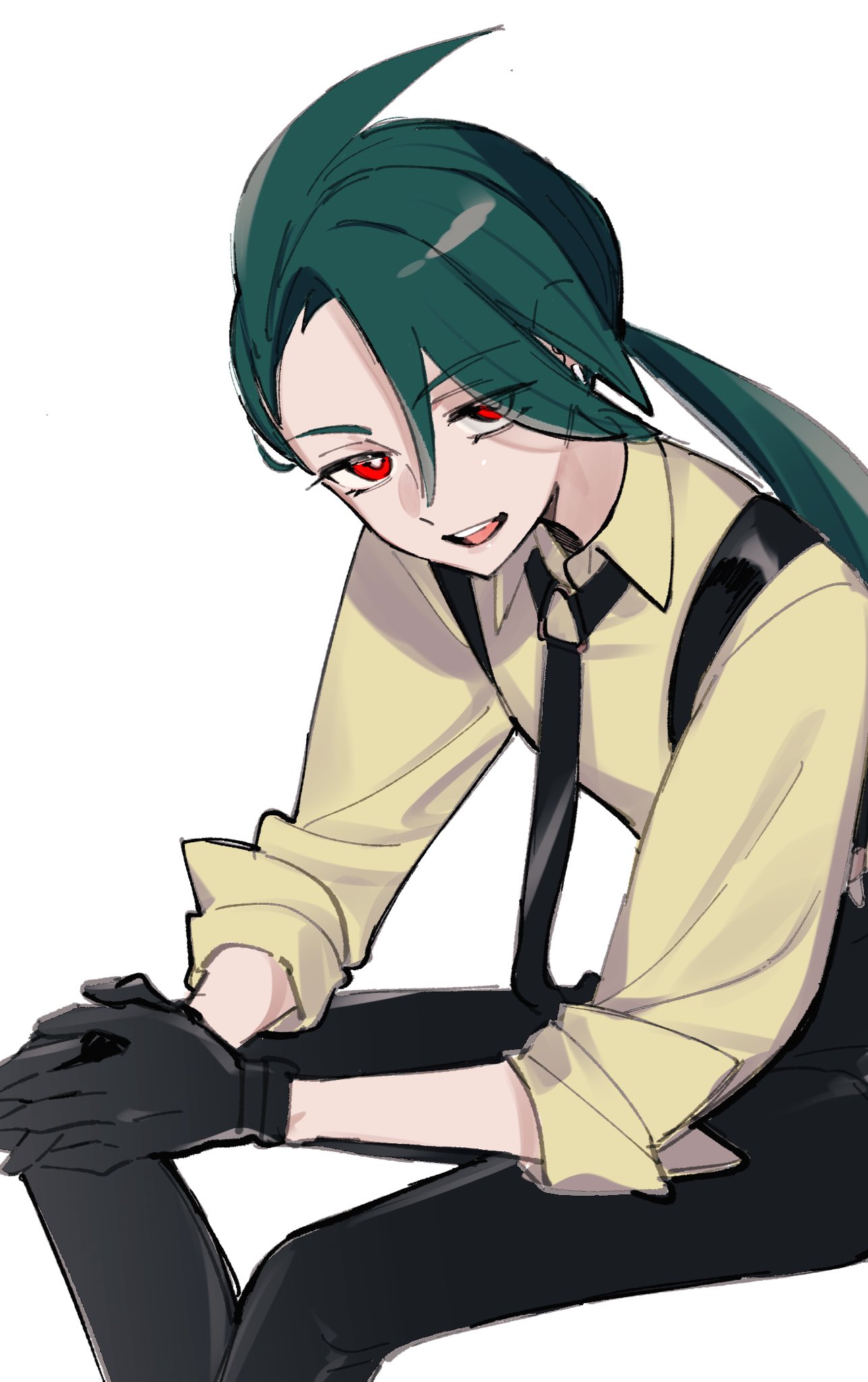 1girl, androgynous, black_gloves, black_necktie, black_pants, brown_shirt, collared_shirt, commentary_request, gloves, green_hair, highres, kuwabara_tamotsu, long_hair, looking_at_viewer, low_ponytail, necktie, open_mouth, pants, pokemon, pokemon_sv, ponytail, red_eyes, rika_(pokemon), shirt, simple_background, smile, solo, teeth, tongue, upper_teeth_only, white_background