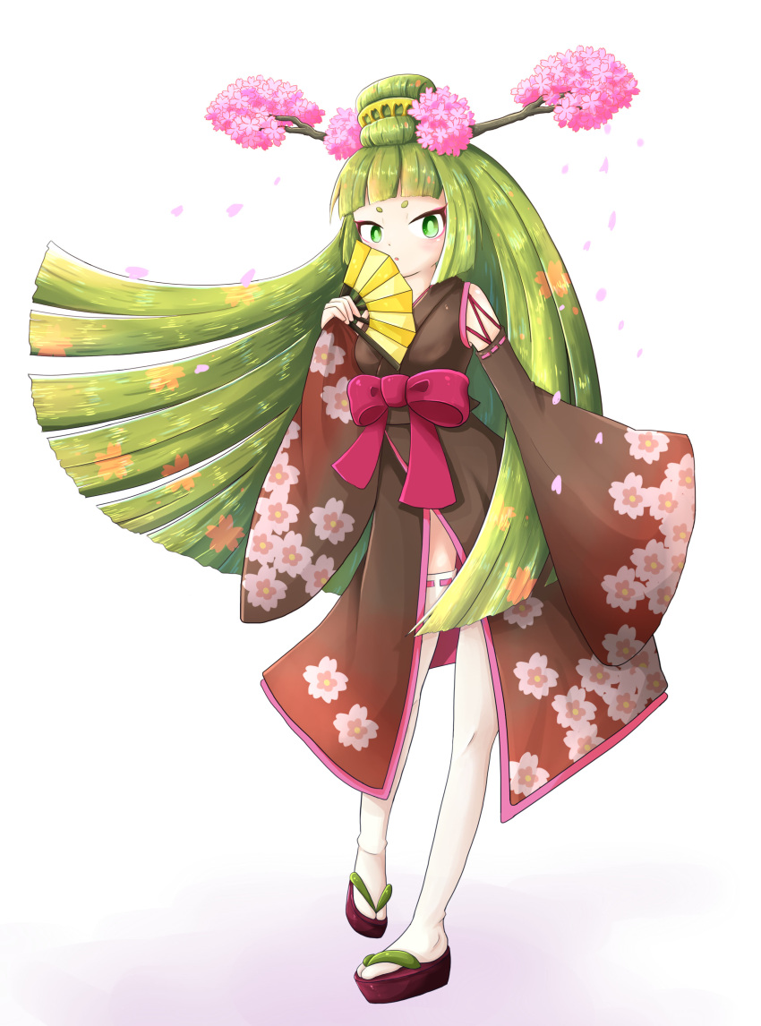 1girl, 850905, absurdres, cherry_blossoms, floral_print, green_eyes, hand_fan, highres