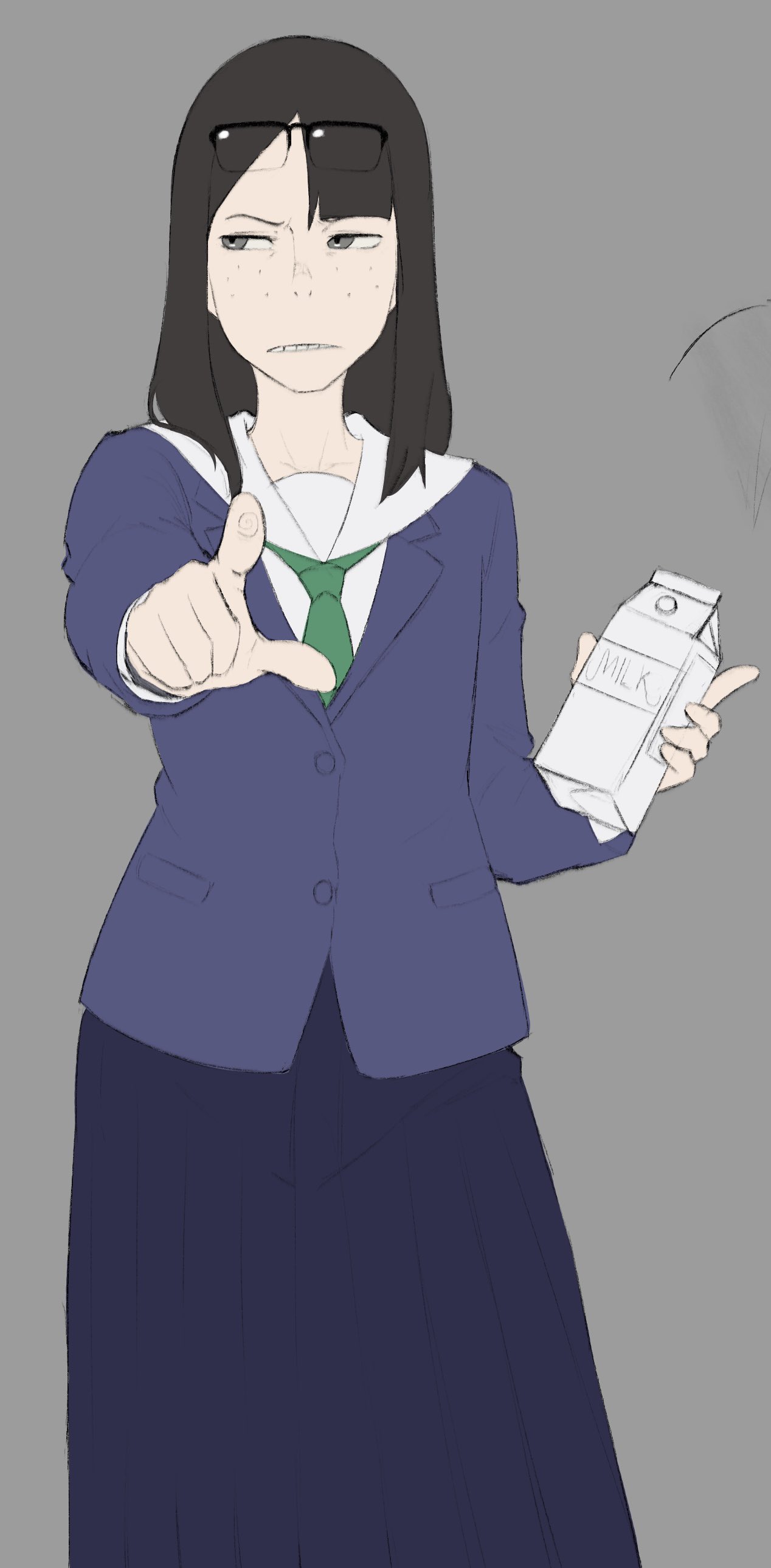 1girl, absurdres, asymmetrical_bangs, black_hair, commentary, drink_carton, eizouken_ni_wa_te_wo_dasu_na!, english_commentary, eyewear_on_head, freckles, glasses, green_necktie, highres, holding, holding_milk_carton, kanamori_sayaka, long_hair, meruzis, milk_carton, necktie, school_uniform, shibahama_high_school_uniform, simple_background, solo