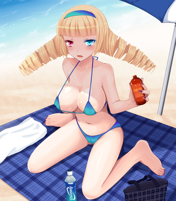 barefoot, beach_towel, blonde_hair, bottle, breasts, drill_hair, heterochromia, kay