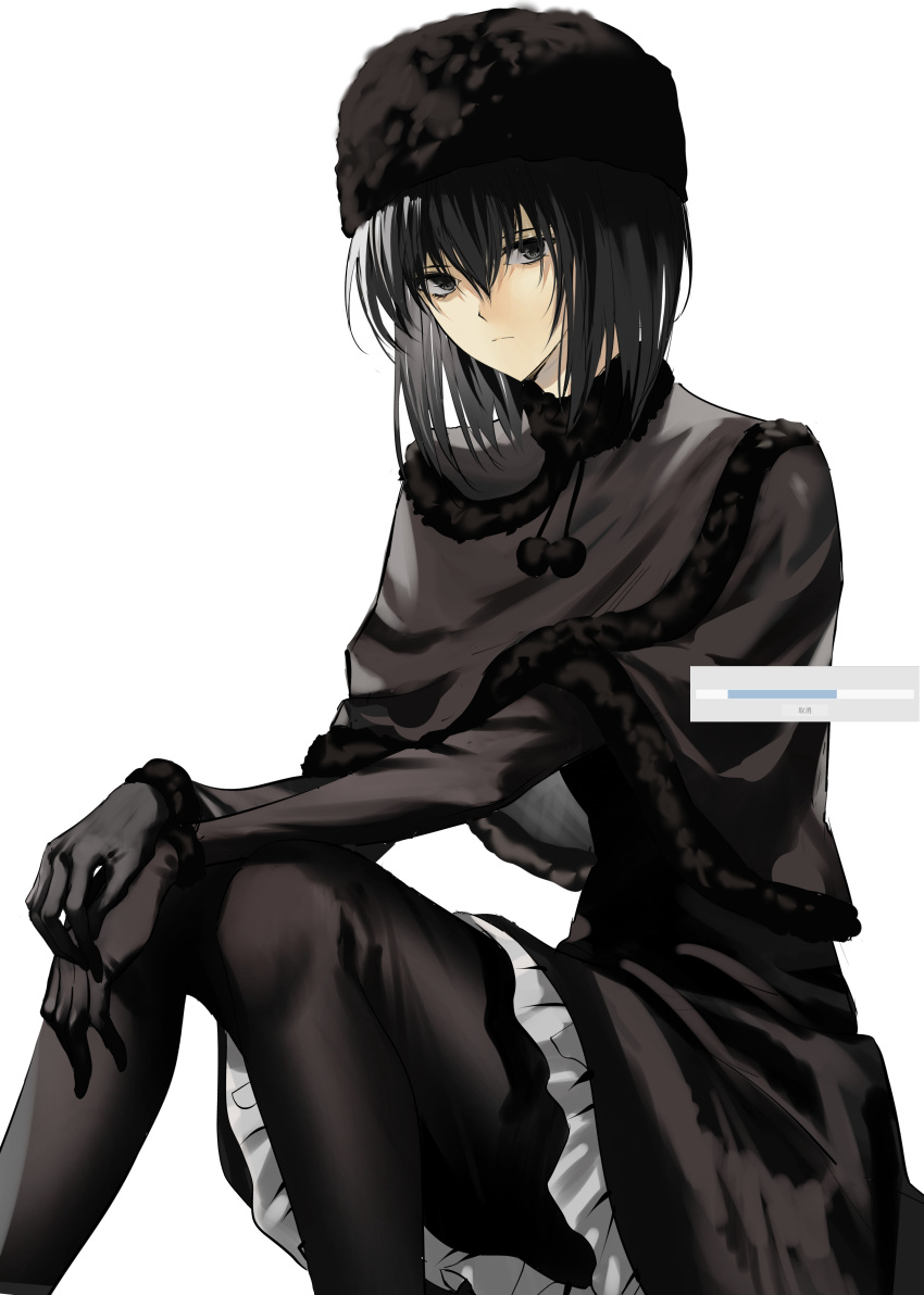 1girl, absurdres, black_dress, black_eyes, black_hair, black_hat, black_trim, capelet