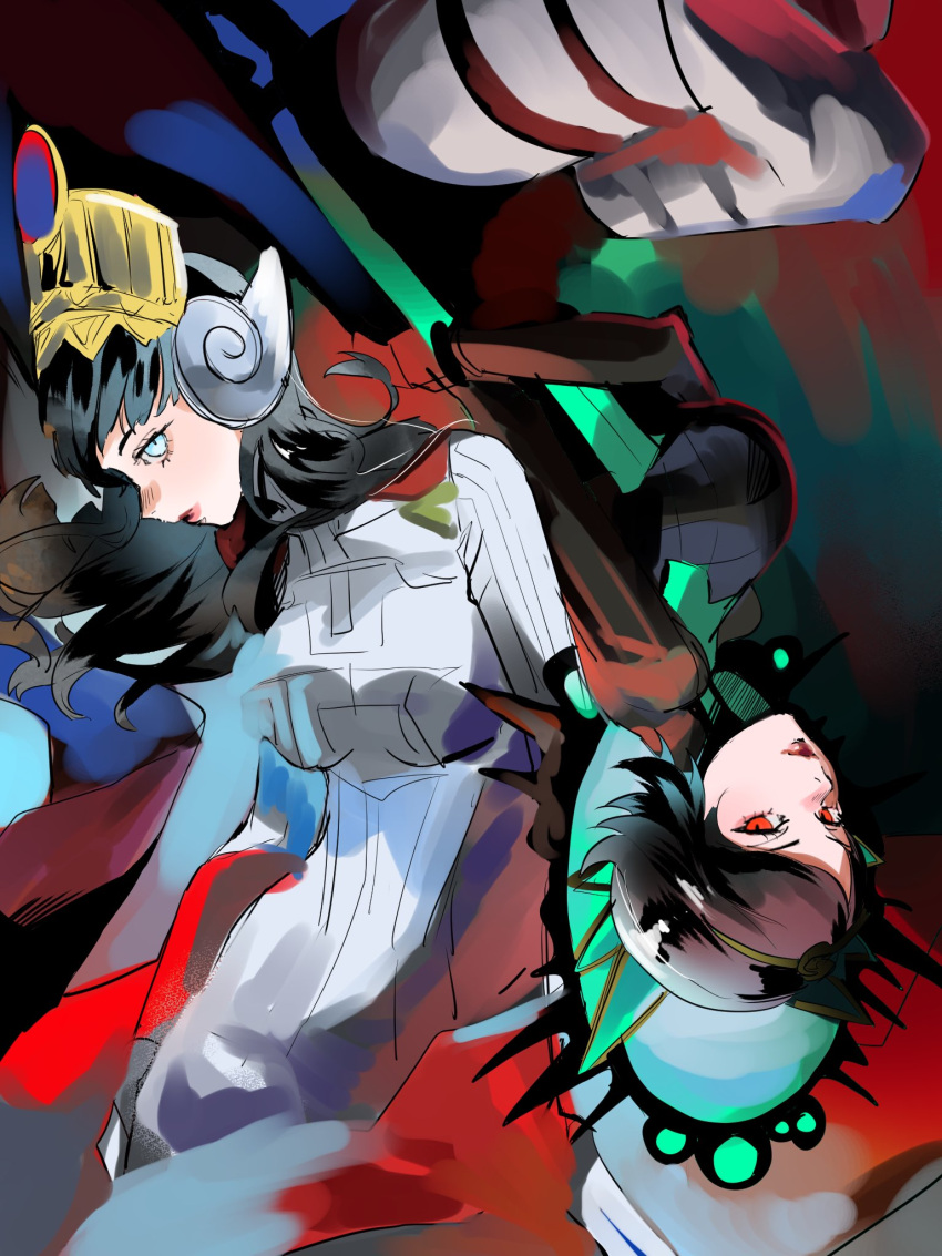 2girls, 4me3ba_niku, back-to-back, black_bodysuit, black_hair, blue_eyes, bodysuit, brown_hair