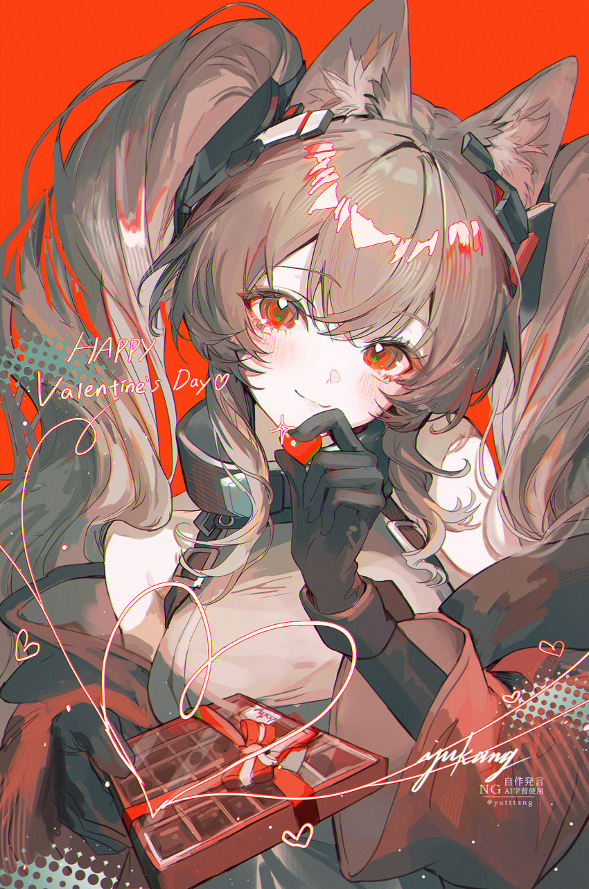 1girl, angelina_(arknights), animal_ears, arknights, arknights:_endfield, belt, box, brown_hair