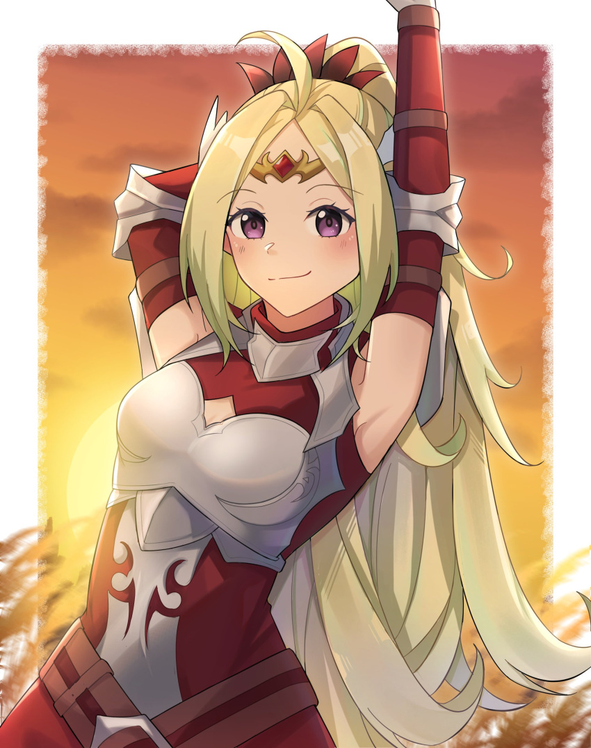 1girl, ahoge, alternate_costume, arm_behind_head, armor, armpits, arms_up, belt, blush, border, breastplate, brown_belt, circlet, commentary, commission, cordelia_(fire_emblem), cordelia_(fire_emblem)_(cosplay), cosplay, detached_sleeves, dress, english_commentary, fire_emblem, fire_emblem_awakening, green_hair, highres, long_hair, looking_at_viewer, nowi_(fire_emblem), outside_border, ponytail, red_dress, second-party_source, smile, solo, sunset, very_long_hair, violet_eyes, white_border, witchi