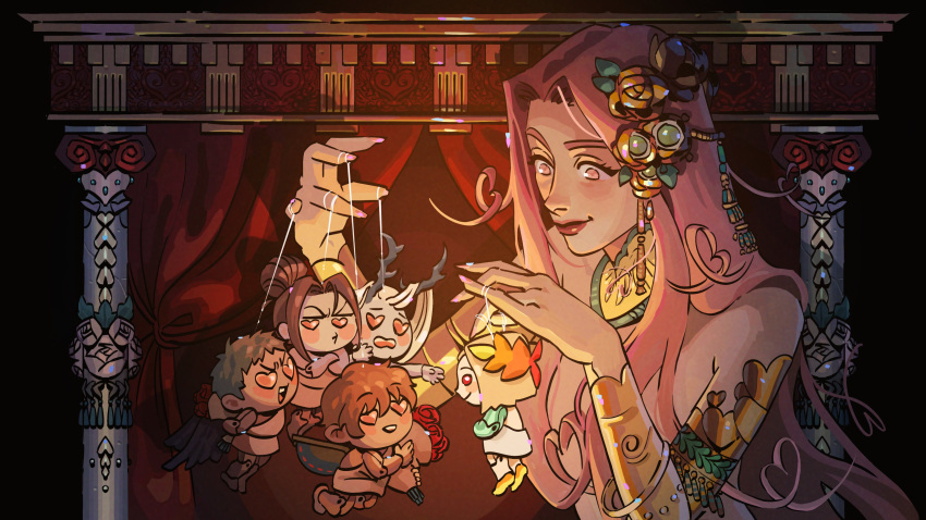 1girl, absurdres, aphrodite_(hades), bouquet, bracer, character_doll, character_puppet, doll