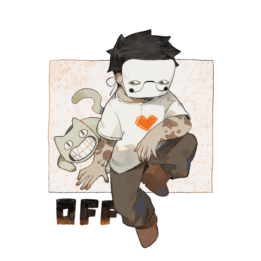 <|>_<|>, 1boy, animal, arm_tattoo, black_hair, black_pants, brown_shoes, cat