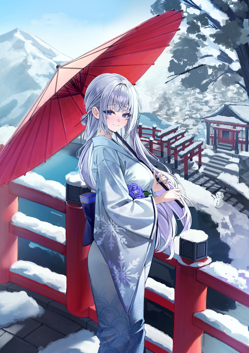 1girl, absurdres, akamin435, blue_eyes, breasts, bridge, commentary, flower