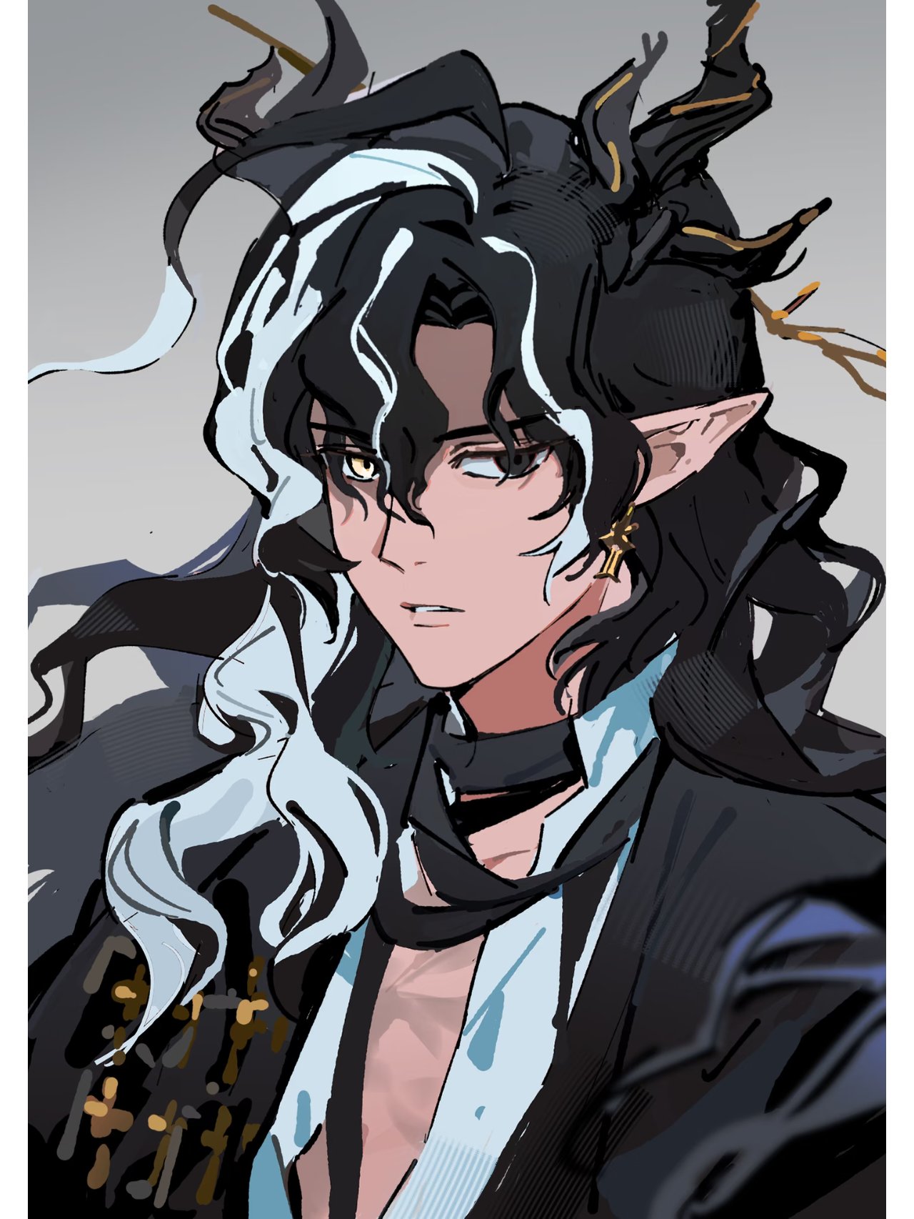 1boy, arknights, bandaged_neck, bandages, bbrah_v, black_eyes, black_hair, dragon_boy