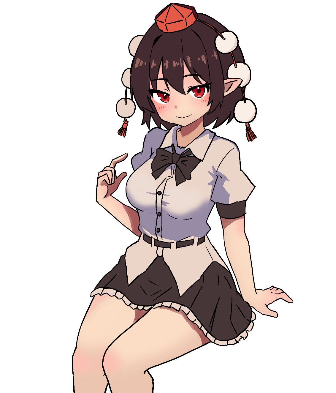 1girl, arm_support, black_bow, black_bowtie, black_hair, black_skirt, blush, bow