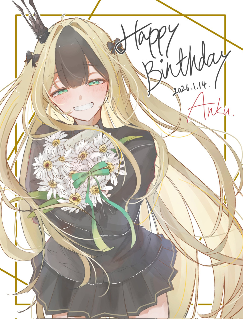 anku_(reverseblue), black_bow, black_crown, black_hair, black_skirt, black_sweater, blonde_hair, bouquet