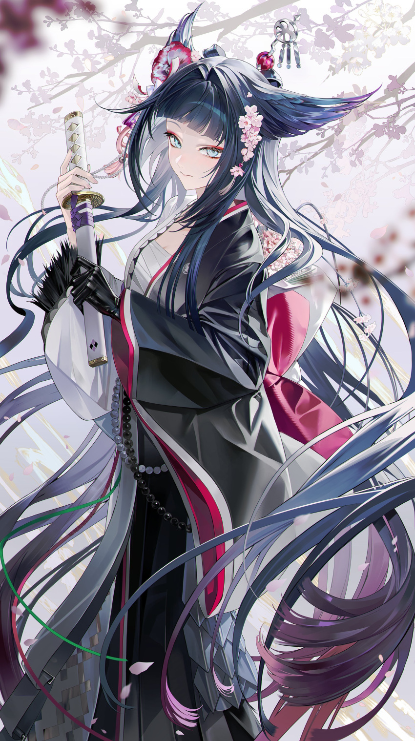 1girl, absurdres, arknights, bird_girl, black_gloves, black_hair, black_kimono, blue_eyes