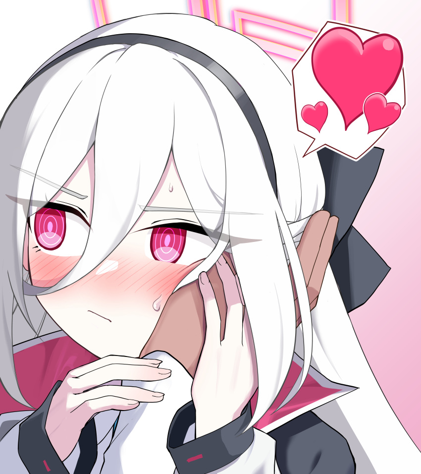 1girl, 1other, :/, absurdres, amtkmituki, averting_eyes, black_bow, blue_archive, blush, bow, closed_mouth, commentary_request, double-parted_bangs, embarrassed, eyes_visible_through_hair, frown, hair_between_eyes, hair_bow, half_updo, halo, hand_on_another's_cheek, hand_on_another's_face, heart, highres, holding_hands, jacket, kei_(blue_archive), kei_(new_body)_(blue_archive), long_hair, long_hair_between_eyes, long_sleeves, looking_to_the_side, nose_blush, pink_background, pink_halo, pov, pov_hands, rectangular_halo, red_eyes, ringed_eyes, school_uniform, simple_background, solo_focus, speech_bubble, spoken_heart, sweatdrop, v-shaped_eyebrows, white_hair, white_jacket