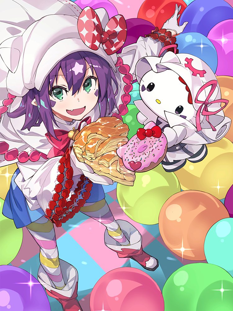 :d, blue_skirt, bow, cake, cake_slice, commentary_request, cosplay, doughnut