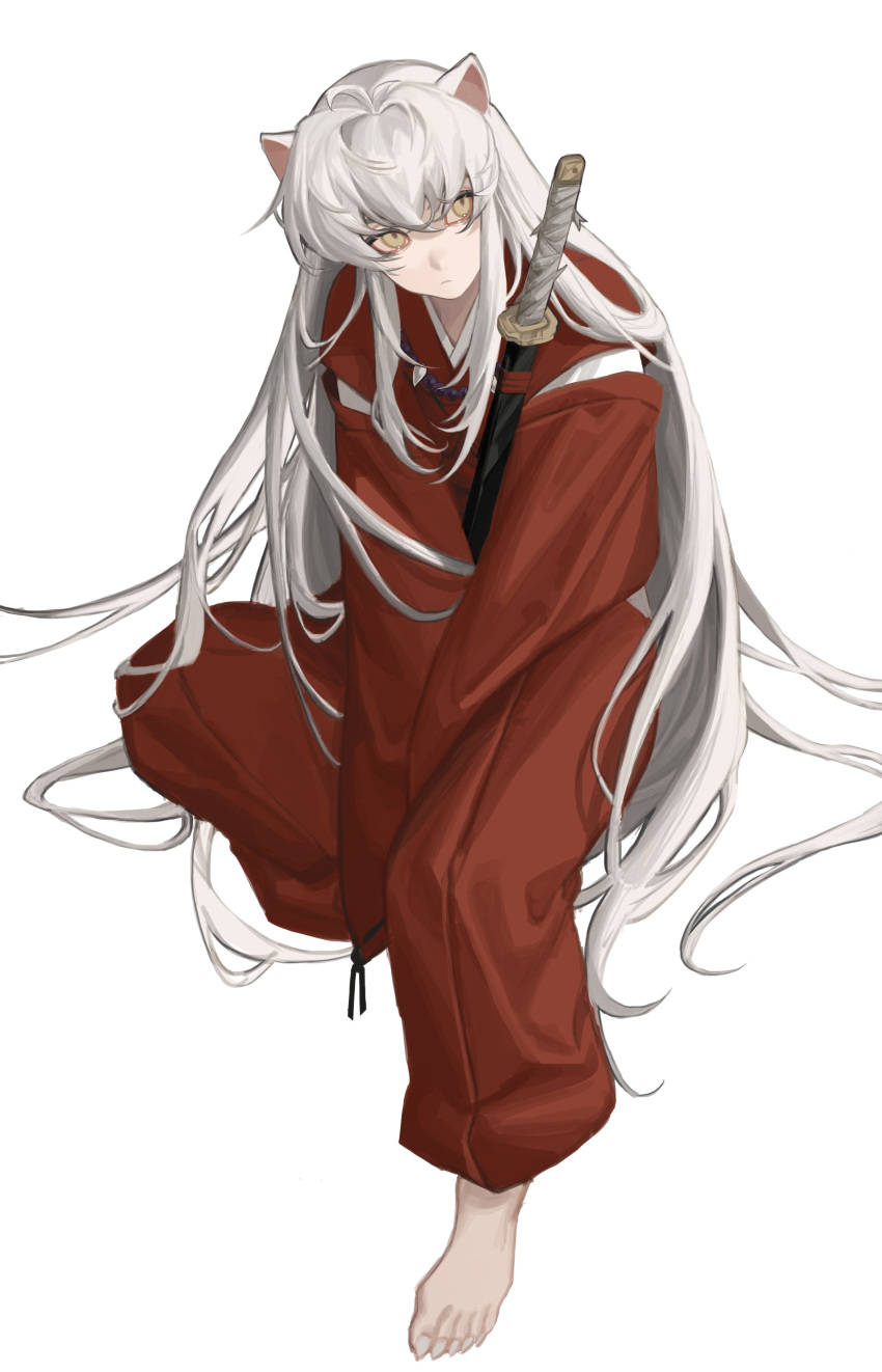 1boy, absurdres, animal_ears, barefoot, bead_necklace, beads, cbow, closed_mouth