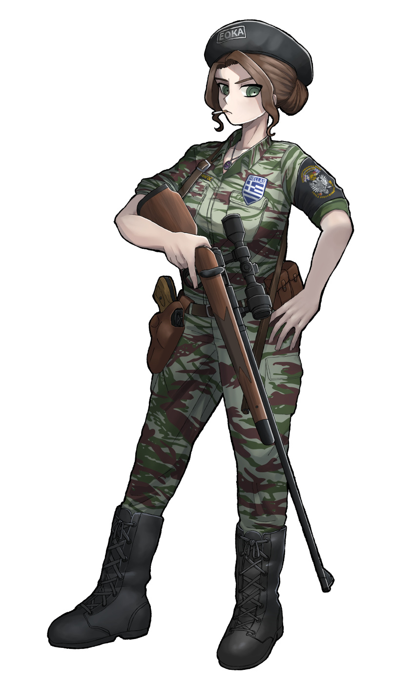 1girl, absurdres, armband, belt, belt_pouch, beret, black_armband, black_boots, black_hat, boots, bosnian_war, brown_hair, camouflage, camouflage_jacket, camouflage_pants, cigarette, collarbone, commission, cyrillic, full_body, gorgo_menea, greek_flag, greek_volunteer_guard, green_eyes, gun, hat, highres, holding, holding_gun, holding_weapon, holster, holstered, jacket, jashin_gopnik, jewelry, labrys, labrys_necklace, looking_at_viewer, mannlicher_schoenauer_rifle, military, military_combat_uniform, military_fatigues, military_uniform, necklace, non-web_source, open_collar, original, pants, pouch, revolver, rifle, scope, serbian_text, short_hair, short_sleeves, sniper_rifle, solo, standing, transparent_background, unlit_cigarette_in_mouth, weapon